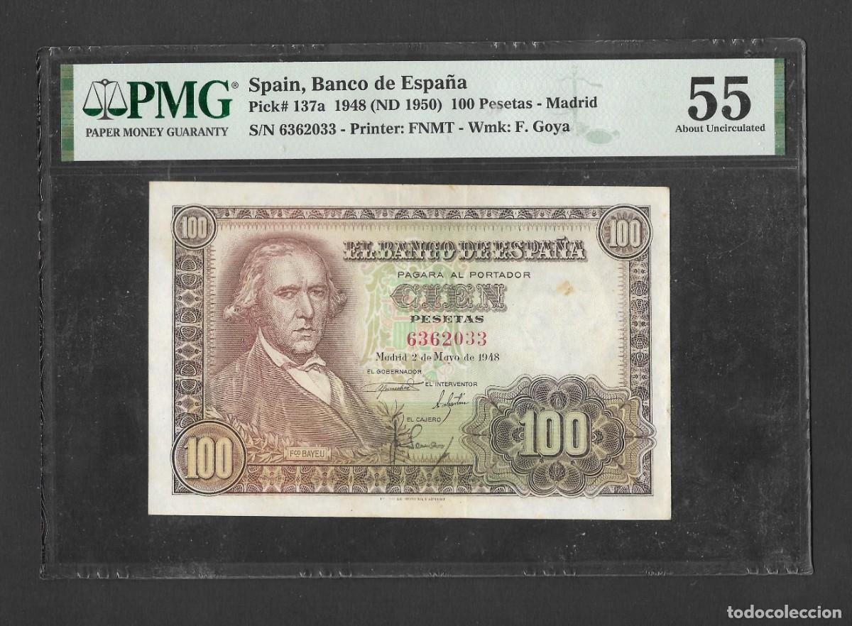 Billetes espa&ntilde;oles: 100 PESETAS 1948 SIN SERIE CERTIFICADO PMG55