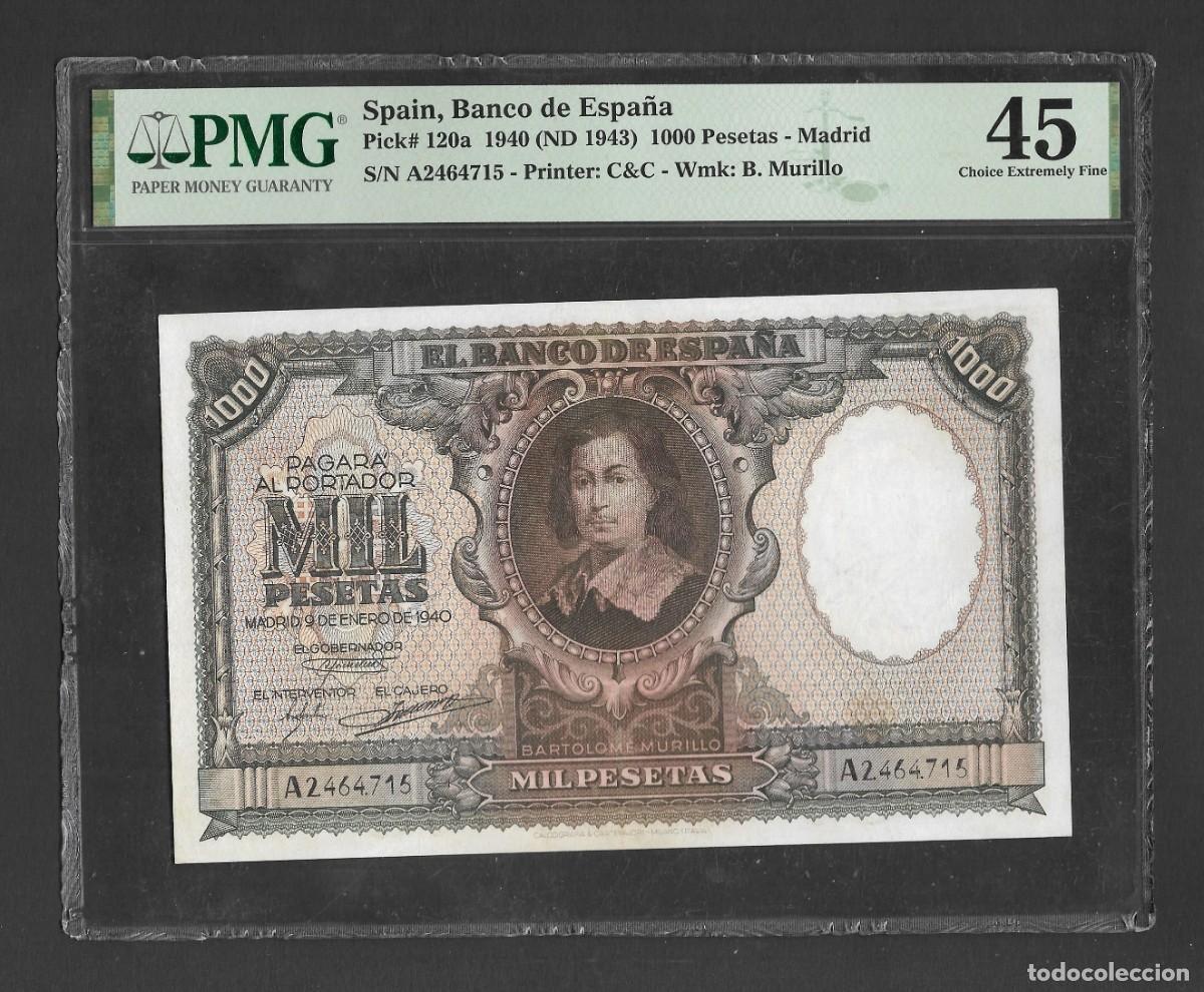 Billetes espa&ntilde;oles: 1000 PESETAS 1940 SERIE A CERTIFICADO PMG45