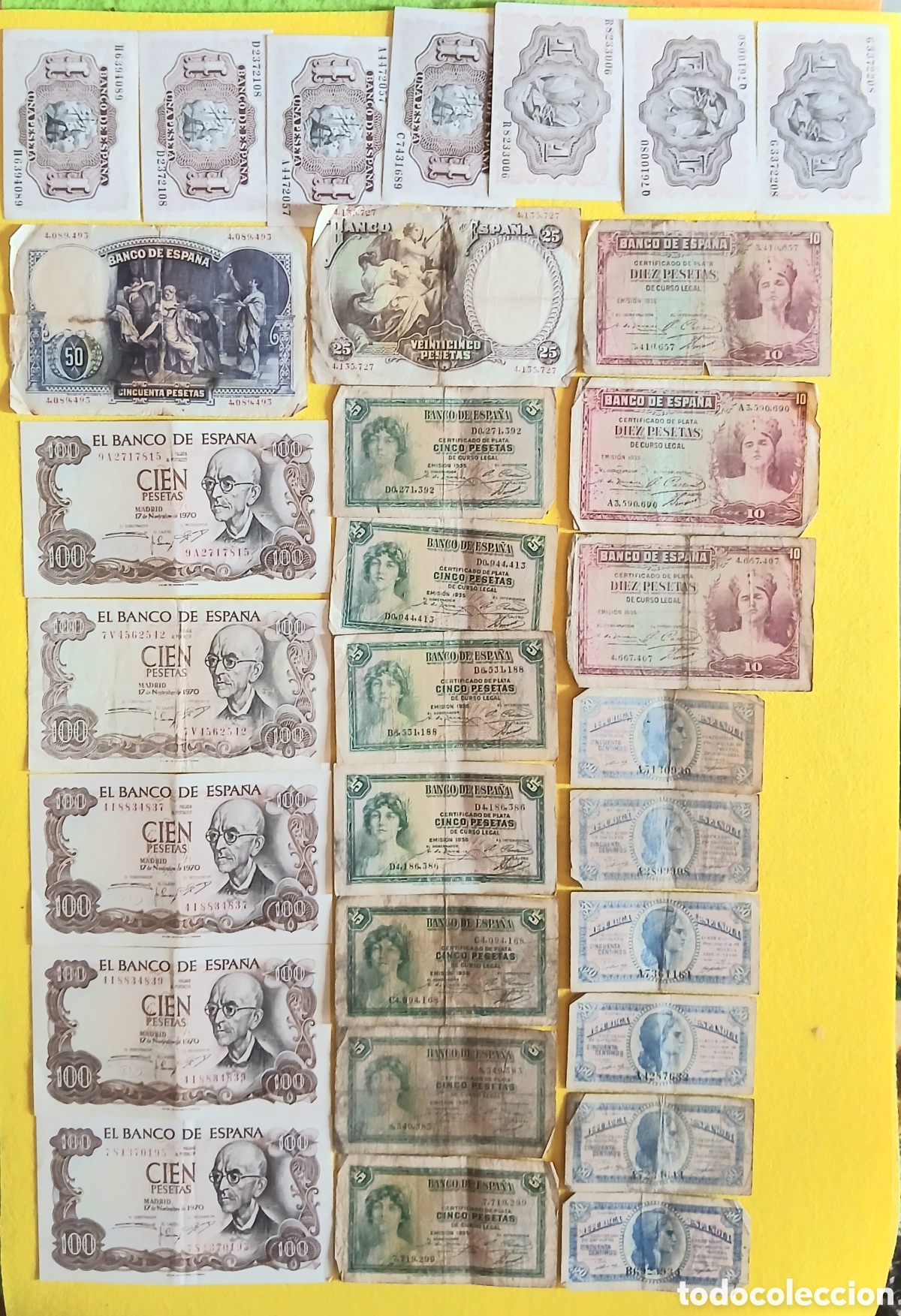 Billetes espa&ntilde;oles: billetes por grupos de 5 billetes( 0,5-1-5-10 y 100 pesetas