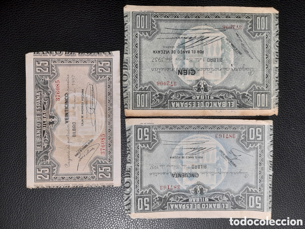 Billetes espa&ntilde;oles: Lote 100, 50 y 25 pesetas 1937 Bilbao