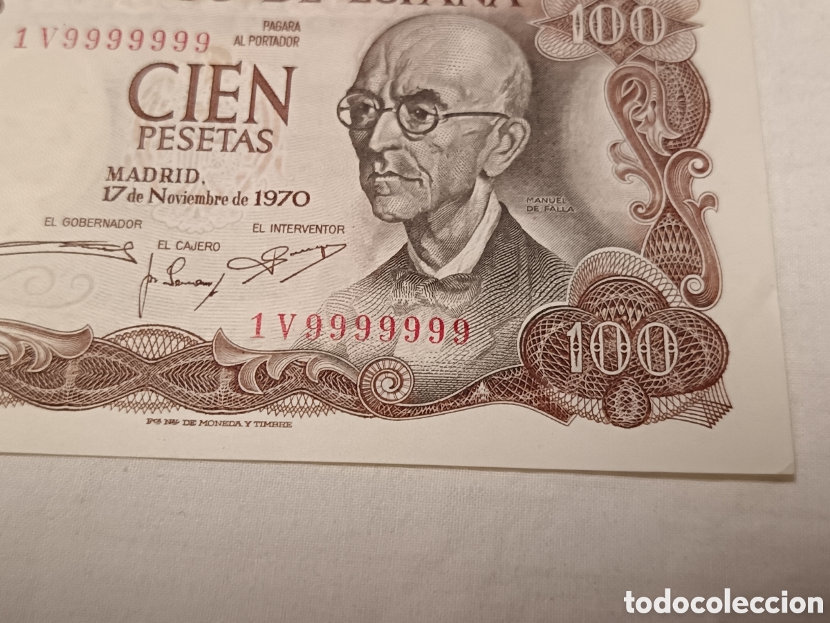 Banconote spagnole: RARISIMA SERIE 1V9999999, BILLETE 100 PESETAS 1970