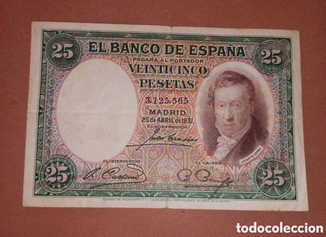 Billetes espa&ntilde;oles: ESPA&Ntilde;A 1931 - VICENTE L&Oacute;PEZ - 25 PESETAS - BILLETE ORIGINAL