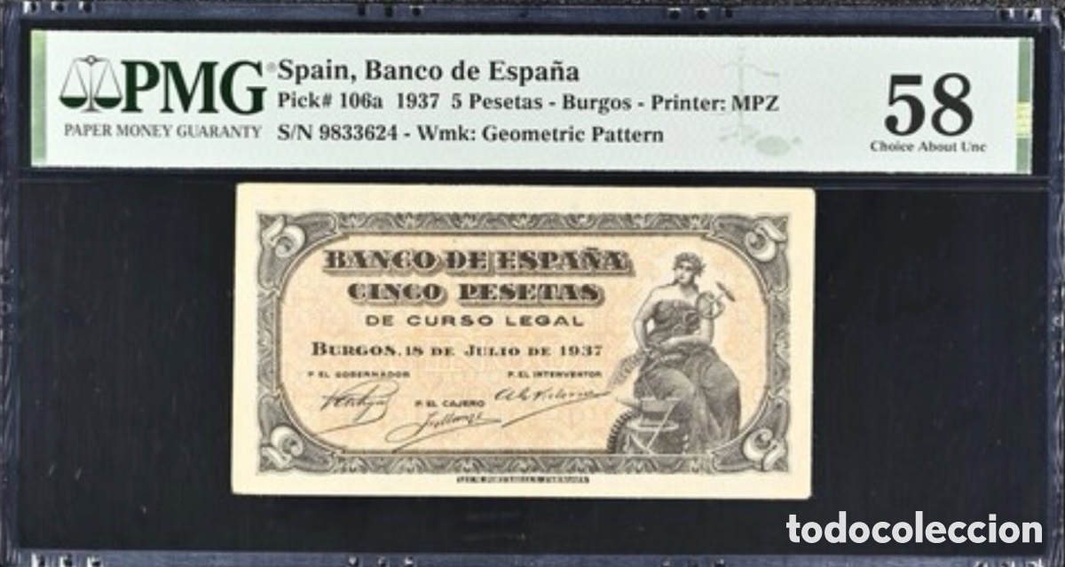 Billetes espa&ntilde;oles: Billete 5 Pesetas 1937 PMG 58 Sin Serie