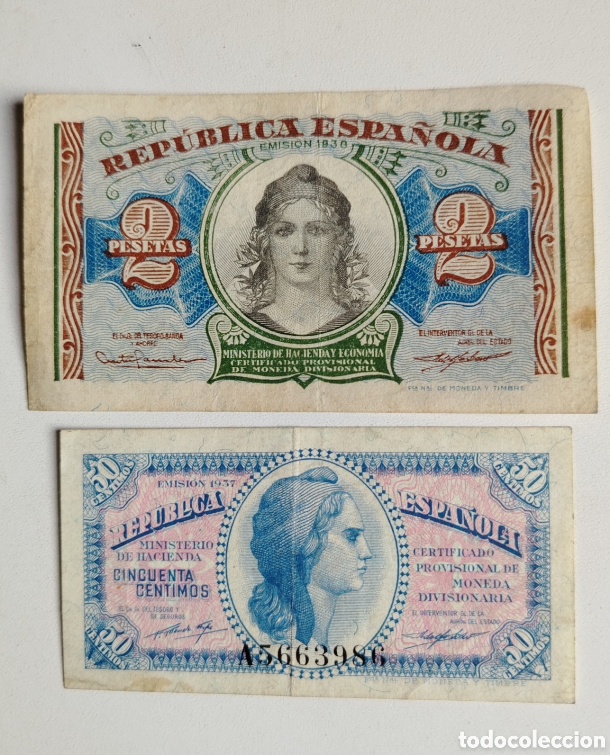 Billetes espa&ntilde;oles: Lote de 2 billetes de la Rep&uacute;blica, 2 pts,m y 50 cts
