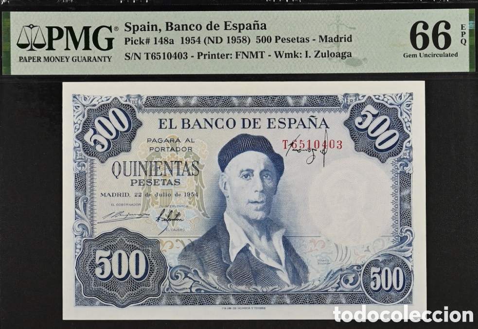 Billetes espa&ntilde;oles: Billete 500 PESETAS 1954 -I. ZULOAGA- PMG 66 EPQ, (ERROR FIRMA DEL CAJERO)