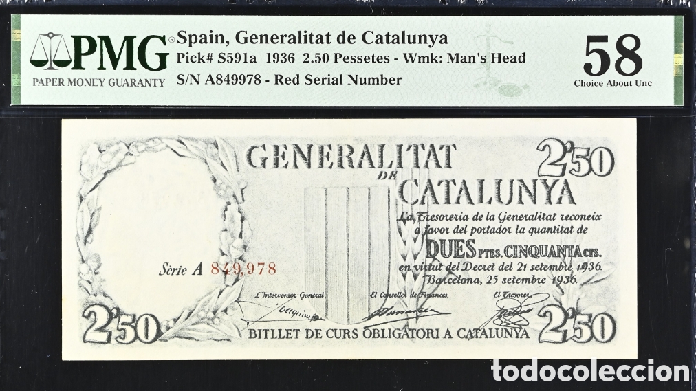 Billetes espa&ntilde;oles: Billete 2,5 PESETAS 1936 -GENERALITAT DE CATALUNYA- PMG 58, serie A, n&uacute;meros rojos