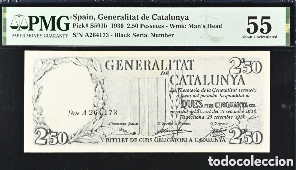 Billetes espa&ntilde;oles: Billete 2,5 PESETAS 1936 -GENERALITAT DE CATALUNYA- PMG 55, Serie A, n&uacute;meros negros