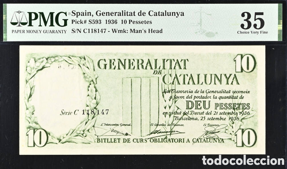 Billetes espa&ntilde;oles: Billete 10 PESETAS 1936 -GENERALITAT DE CATALUNYA- PMG 35, Serie C