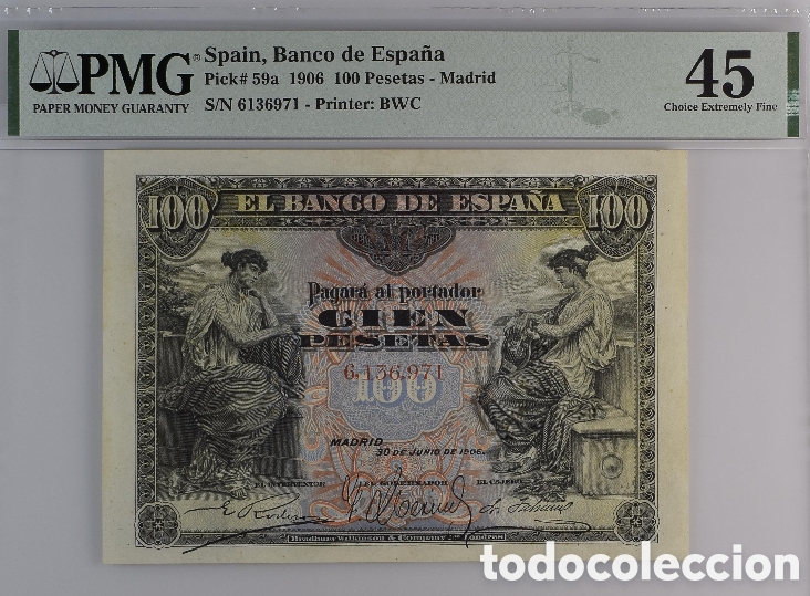Billetes espa&ntilde;oles: Billete 100 PESETAS Junio 1906, PMG 45, sin serie