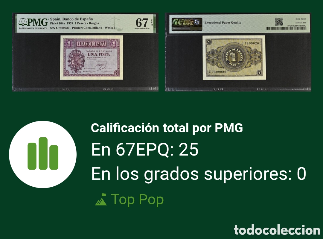 Billetes espa&ntilde;oles: Billete 1 PESETA 1937 -BURGOS- PMG 67 EPQ, serie C, Top Pop