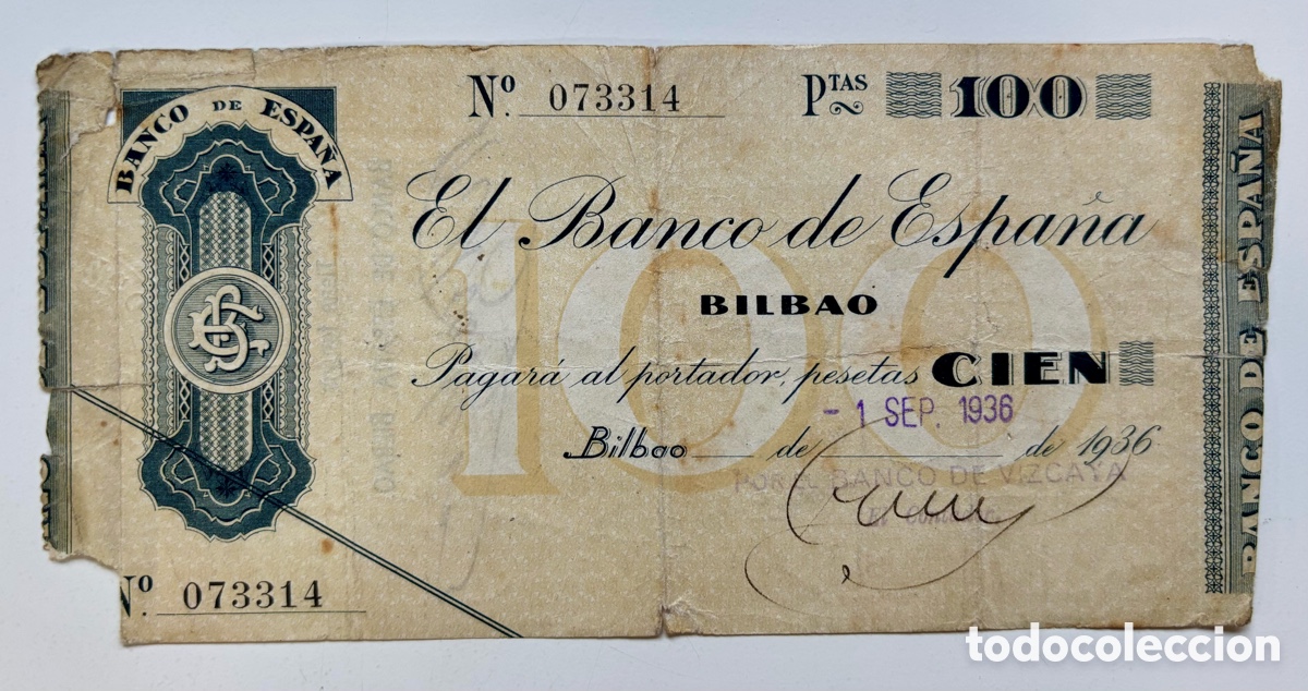 Billetes espa&ntilde;oles: Billete 100 Pesetas 1936 BANCO BILBAO.