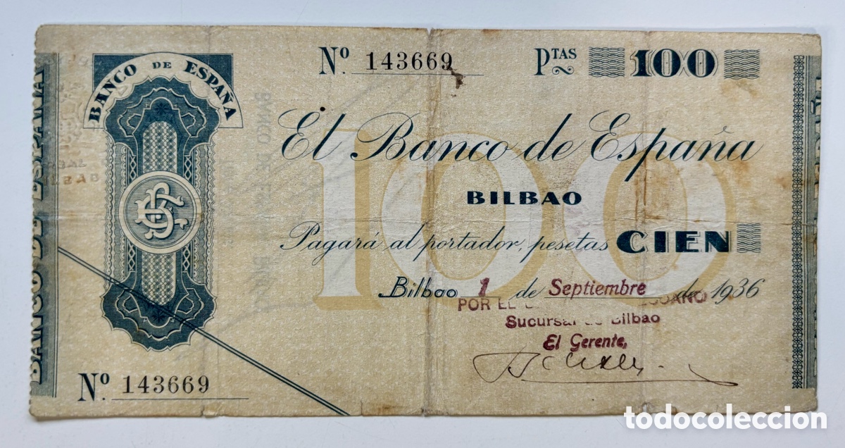 Billetes espa&ntilde;oles: Billete 100 Pesetas 1936. BANCO BILBAO