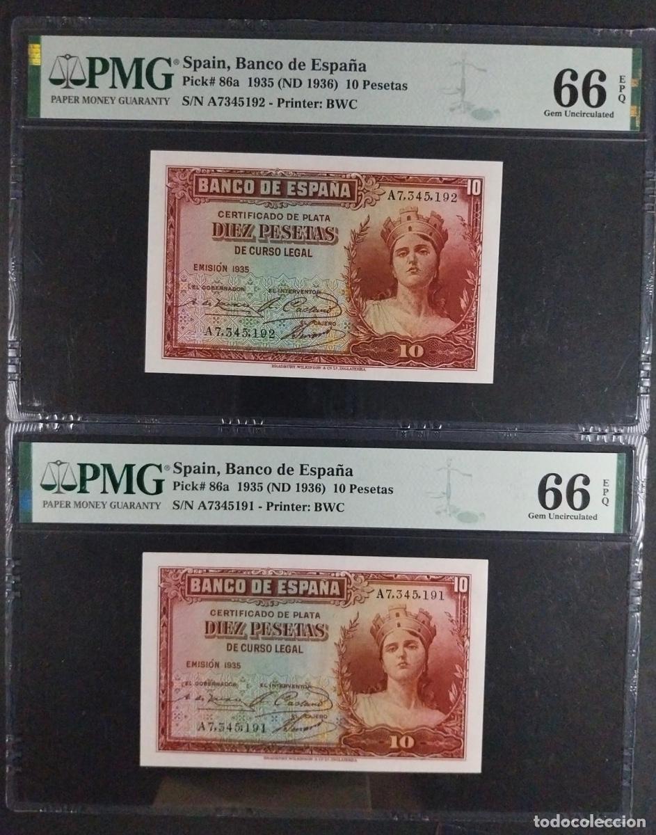 Billetes espa&ntilde;oles: 10 PESETAS 1935 SERIE A PAREJA CORRELATIVA PMG 66/66 EPQ SIN CIRCULAR
