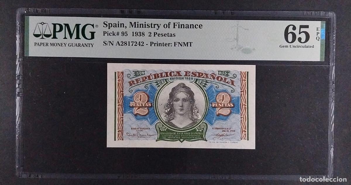 Billetes espa&ntilde;oles: 2 PESETAS 1938 SERIE A PMG 65 EPQ CERTIFICADO SIN CIRCULAR
