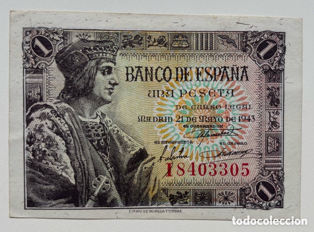 Billetes espa&ntilde;oles: Billete 1 Peseta 1943 Fernando el Cat&oacute;lico