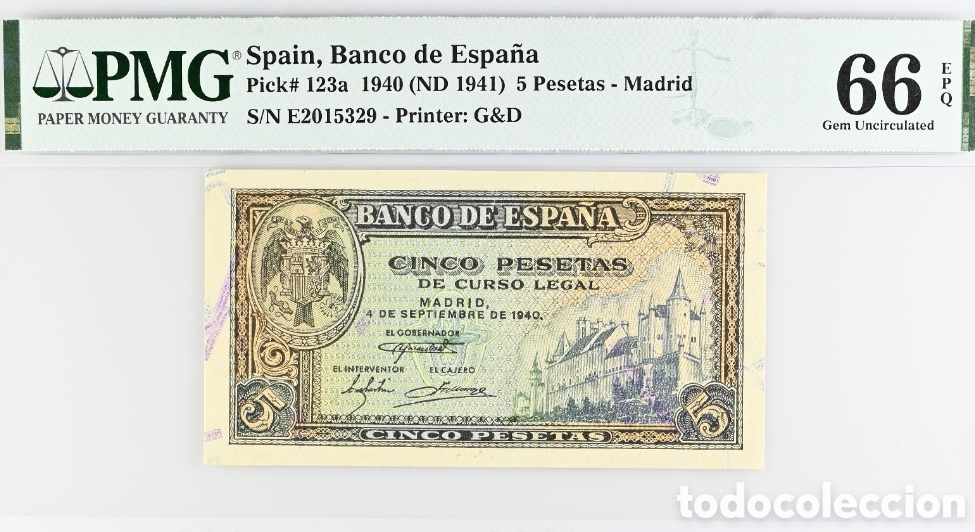 Billetes espa&ntilde;oles: Billete 5 PESETAS septiembre 1940, PMG 66 EPQ, serie E