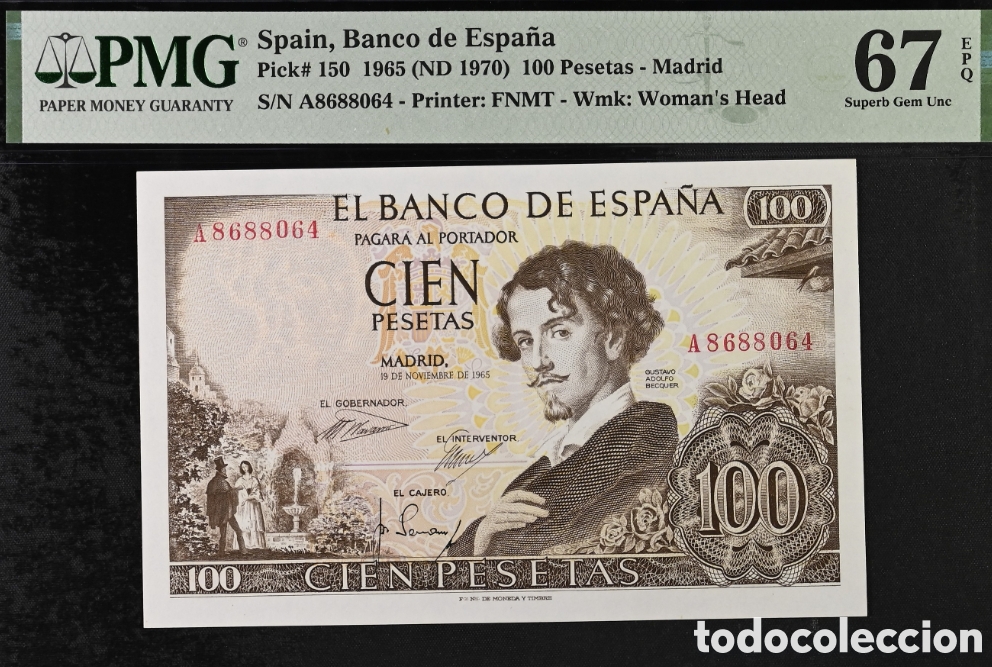 Billetes espa&ntilde;oles: Billete 100 PESETAS 1965 -BECQUER- PMG 67 EPQ, serie A