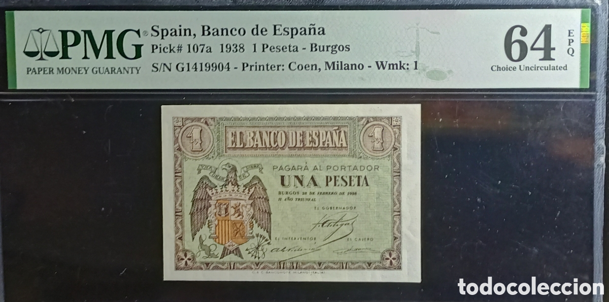Billetes espa&ntilde;oles: Billete 1 PESETA febrero 1938 -BURGOS- PMG 64 EPQ, serie G, &uacute;ltima serie emitida