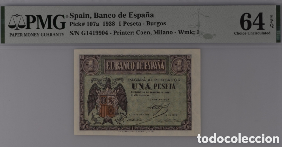 Billetes espa&ntilde;oles: Billete 1 PESETA febrero 1938 -BURGOS- PMG 64 EPQ, serie G, &uacute;ltima serie emitida