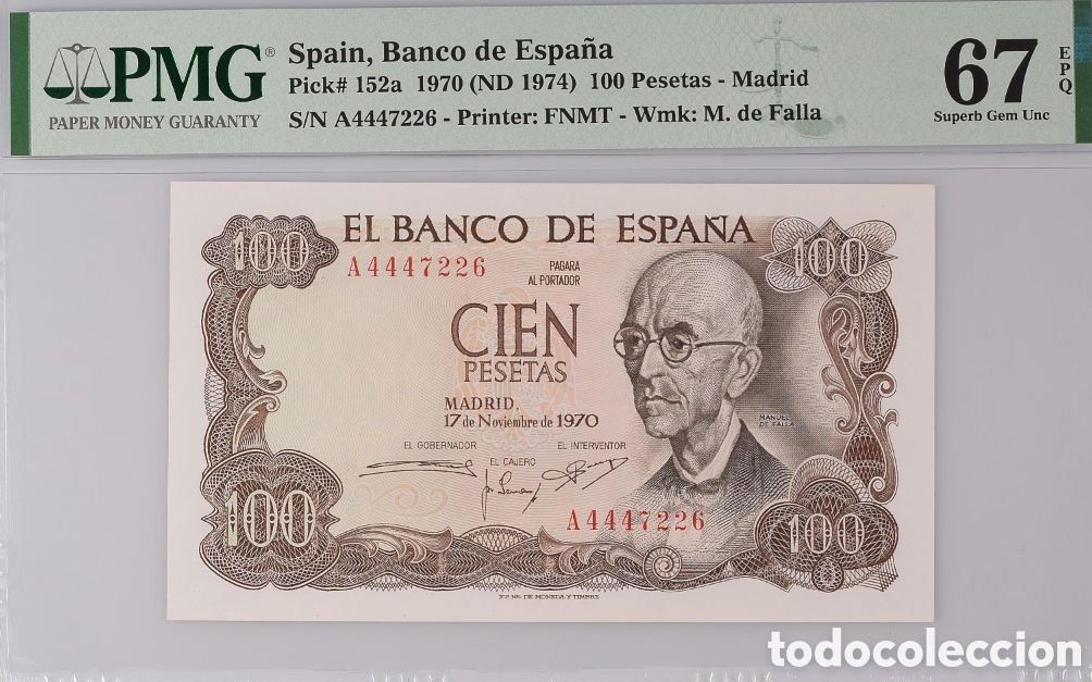 Billetes espa&ntilde;oles: Billete 100 PESETAS 1970 -M. de FALLA- PMG 67 EPQ, serie A