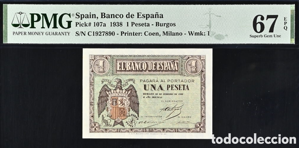 Billetes espa&ntilde;oles: Billete 1 PESETA febrero 1928 -BURGOS- PMG 67 EPQ, serie C, top pop
