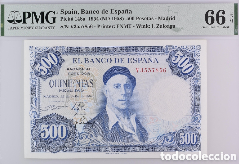 Billetes espa&ntilde;oles: Billete 500 PESETAS 1954 -ZULOAGA- PMG 66 EPQ, serie V &uacute;ltima serie emitida