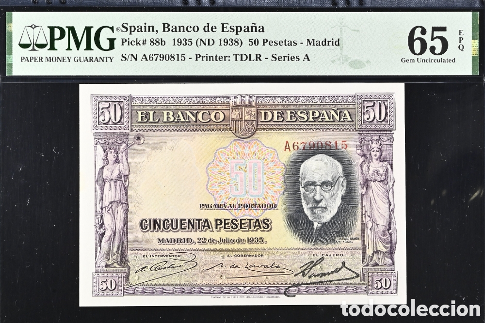 Billetes espa&ntilde;oles: Billete 50 PESETAS 1935 -S. RAMON Y CAJAL- PMG 65 EPQ, serie A