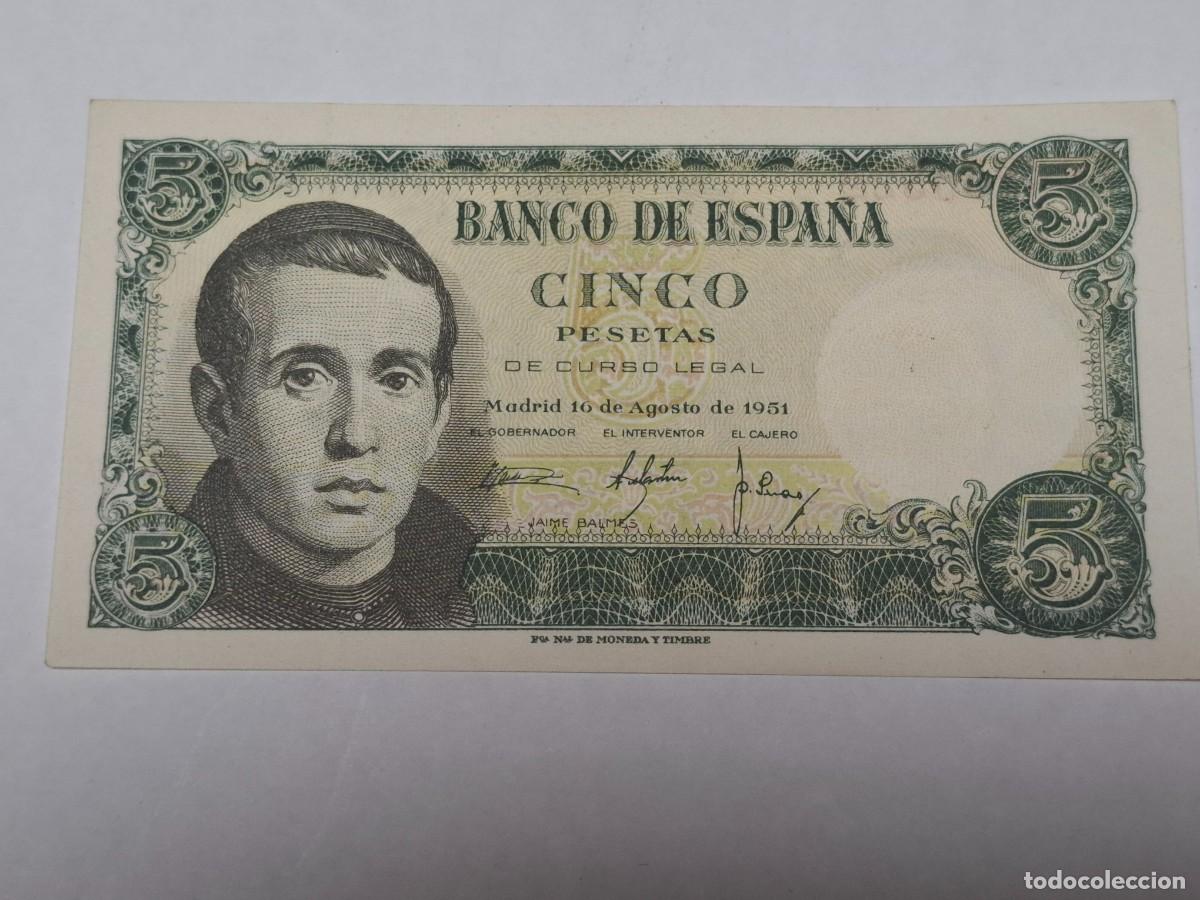 Billetes espa&ntilde;oles: Billete de CINCO PESETAS del 10 de Agosto de 1951 BANCO DE ESPA&Ntilde;A con serie N, en EBC+