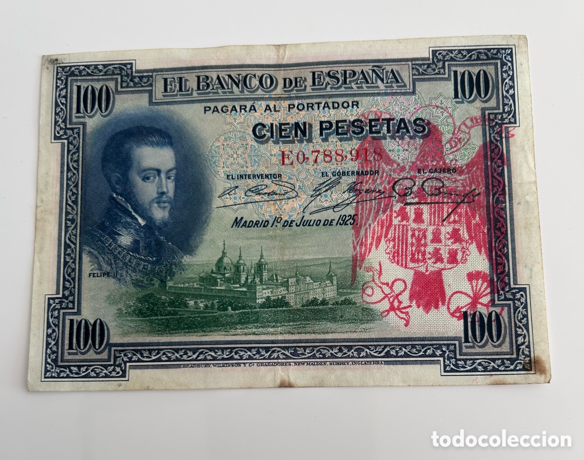 Billetes espa&ntilde;oles: BILLETE DE CIEN PESETAS DE 1925. RESELLADO. &Aacute;GUILA DE SAN JUAN. SERIE E. CIRCULADO