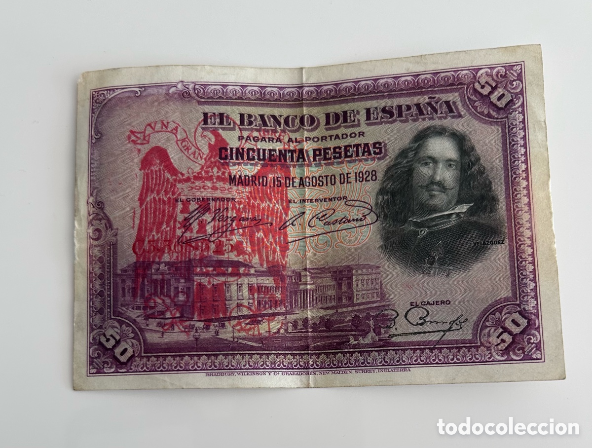 Billetes espa&ntilde;oles: BILLETE DE CINCUENTA PESETAS DE 1928. RESELLADO. &Aacute;GUILA DE SAN JUAN. CIRCULADO