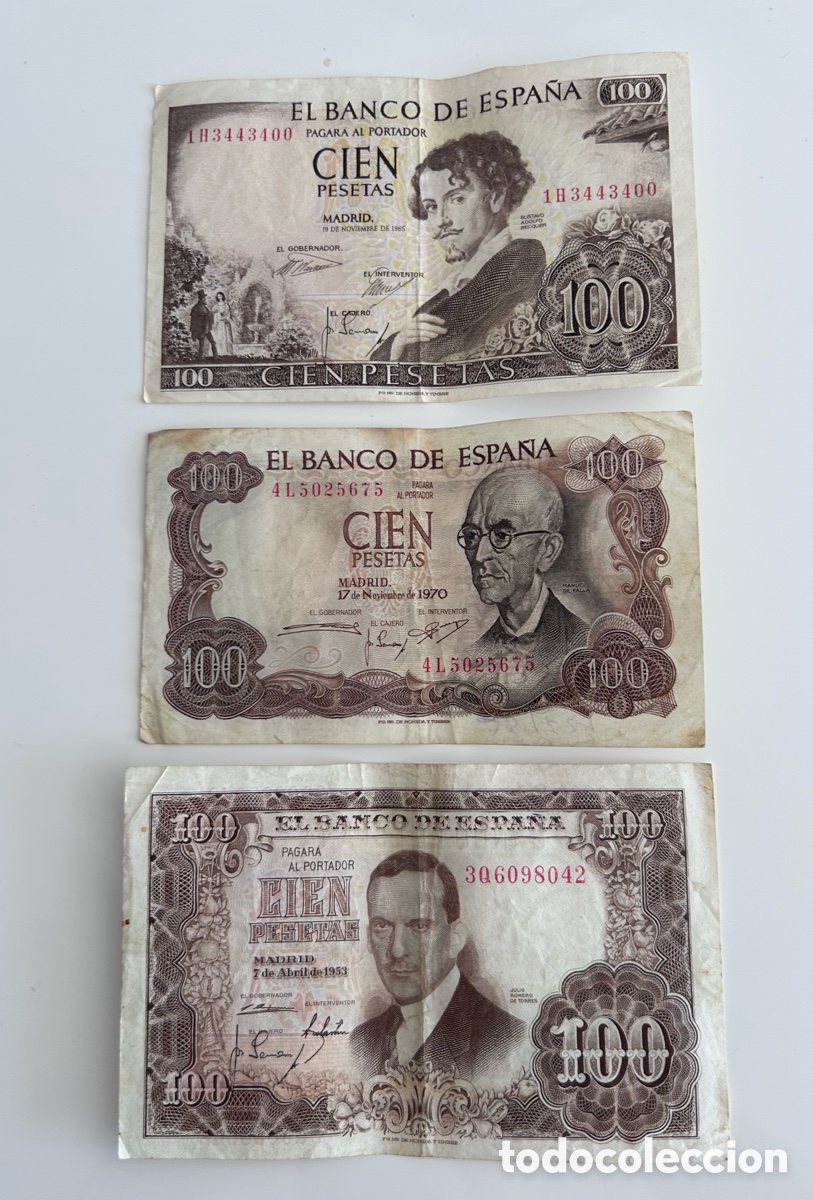 Billetes espa&ntilde;oles: LOTE BILLETES CIEN PESETAS. 1953. 1965. 1970. CIRCULADOS