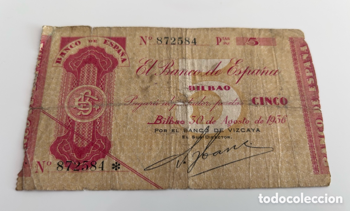 Billetes espa&ntilde;oles: BILLETE DE CINCO 5 PESETAS. 1936. GUERRA CIVIL. SIN SERIE. BILBAO. VIZCAYA. BANCO DE ESPA&Ntilde;A