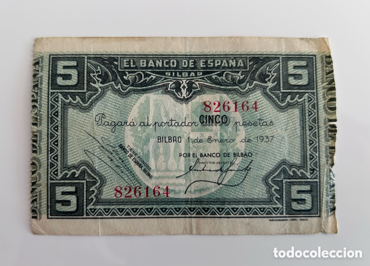 Billetes espa&ntilde;oles: BILLETE DE CINCO 5 PESETAS. 1937. SIN SERIE. BILBAO. BANCO DE ESPA&Ntilde;A