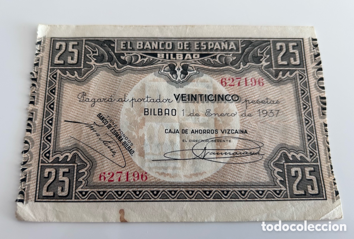 Billetes espa&ntilde;oles: BILLETE DE VEINTICINCO 25 PESETAS. 1937. SIN SERIE. BILBAO. BANCO DE ESPA&Ntilde;A