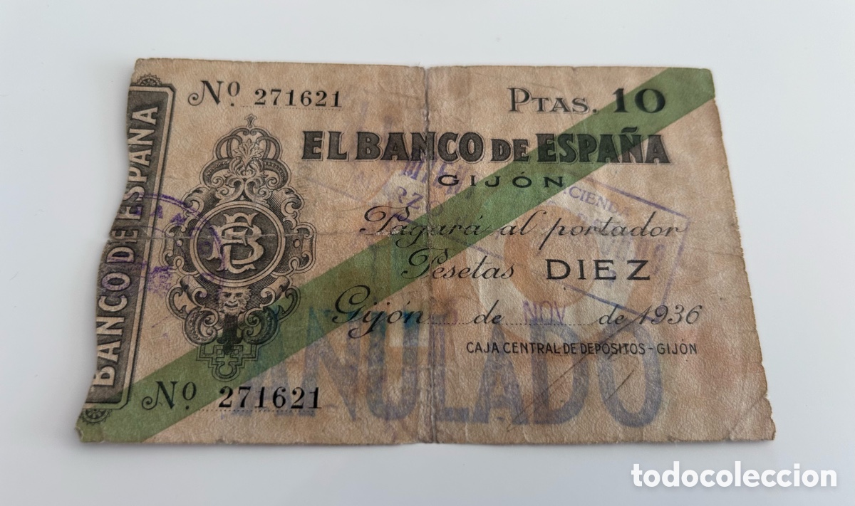Billetes espa&ntilde;oles: BILLETE DE DIEZ 10 PESETAS. 1936. GUERRA CIVIL. SIN SERIE. GIJ&Oacute;N. BANCO DE ESPA&Ntilde;A