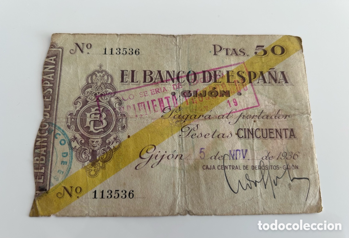 Billetes espa&ntilde;oles: BILLETE DE CINCUENTA 50 PESETAS. 1936. GUERRA CIVIL. SIN SERIE. GIJ&Oacute;N. BANCO DE ESPA&Ntilde;A