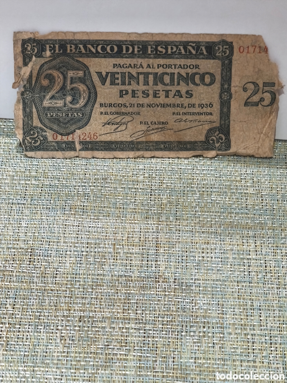 Billetes espa&ntilde;oles: Billete de Espa&ntilde;a circulado de 25 ptas de 1936 ,bc- rc,roturas ,escaso burgos ver