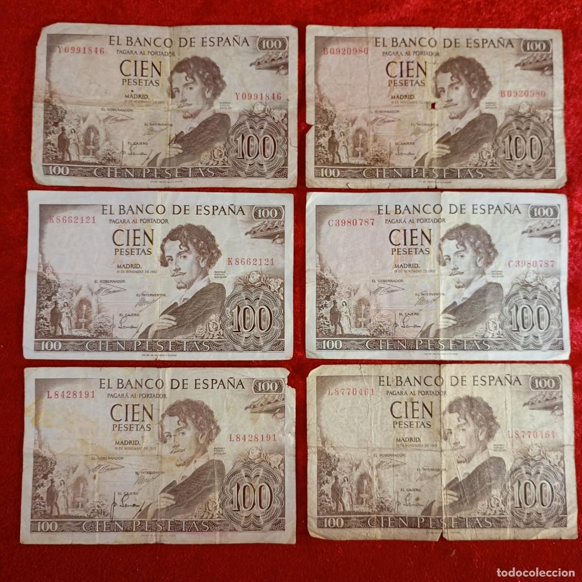 Billetes espa&ntilde;oles: LOTE DE 6 BILLETES - CIEN PESETAS - 100 PTAS - GUSTAVO ADOLFO BECQUER - 1965 - BANCO DE ESPA&Ntilde;A / 99