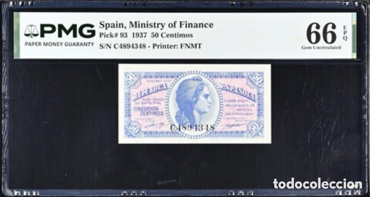 Billetes espa&ntilde;oles: Billete 50 C&eacute;ntimos 1937 PMG 66 Serie C