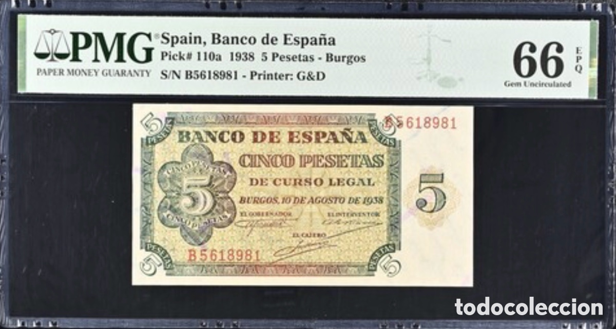 Billetes espa&ntilde;oles: Billete 5 Pesetas 1938 PMG 66 Serie B