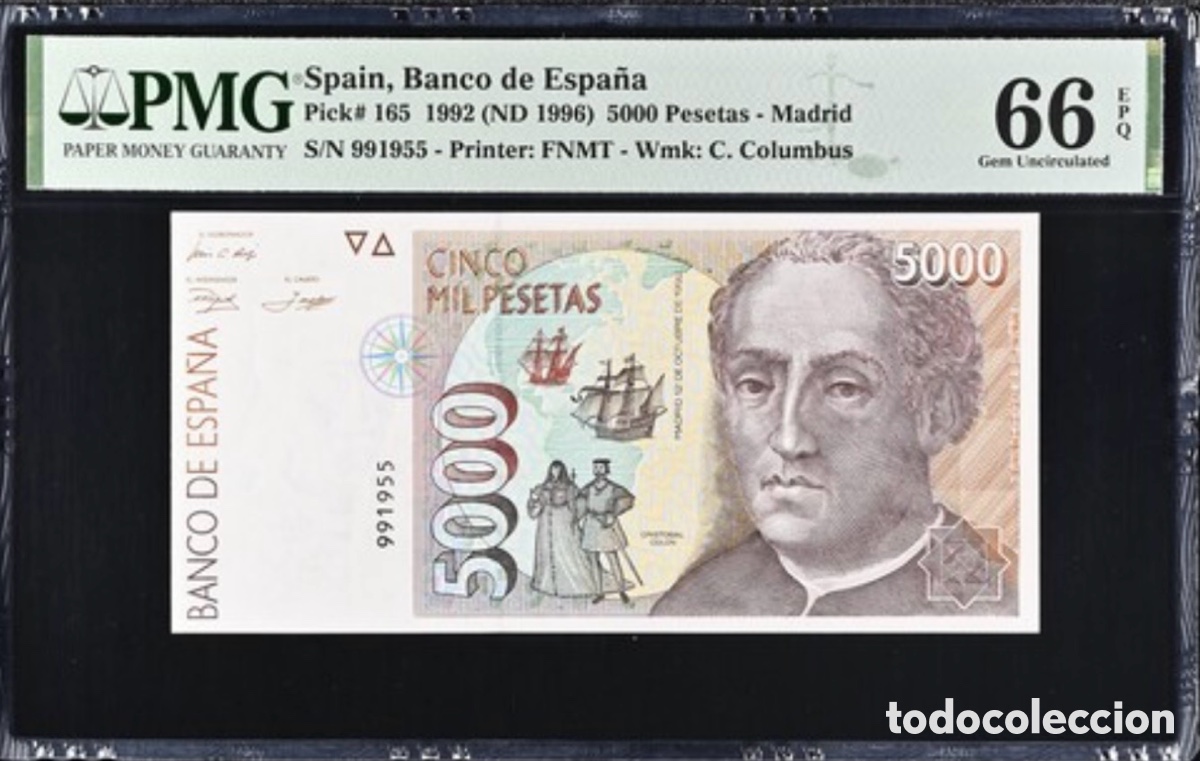 Billetes espa&ntilde;oles: Billete 5000 Pesetas 1992 PMG 66 Sin Serie
