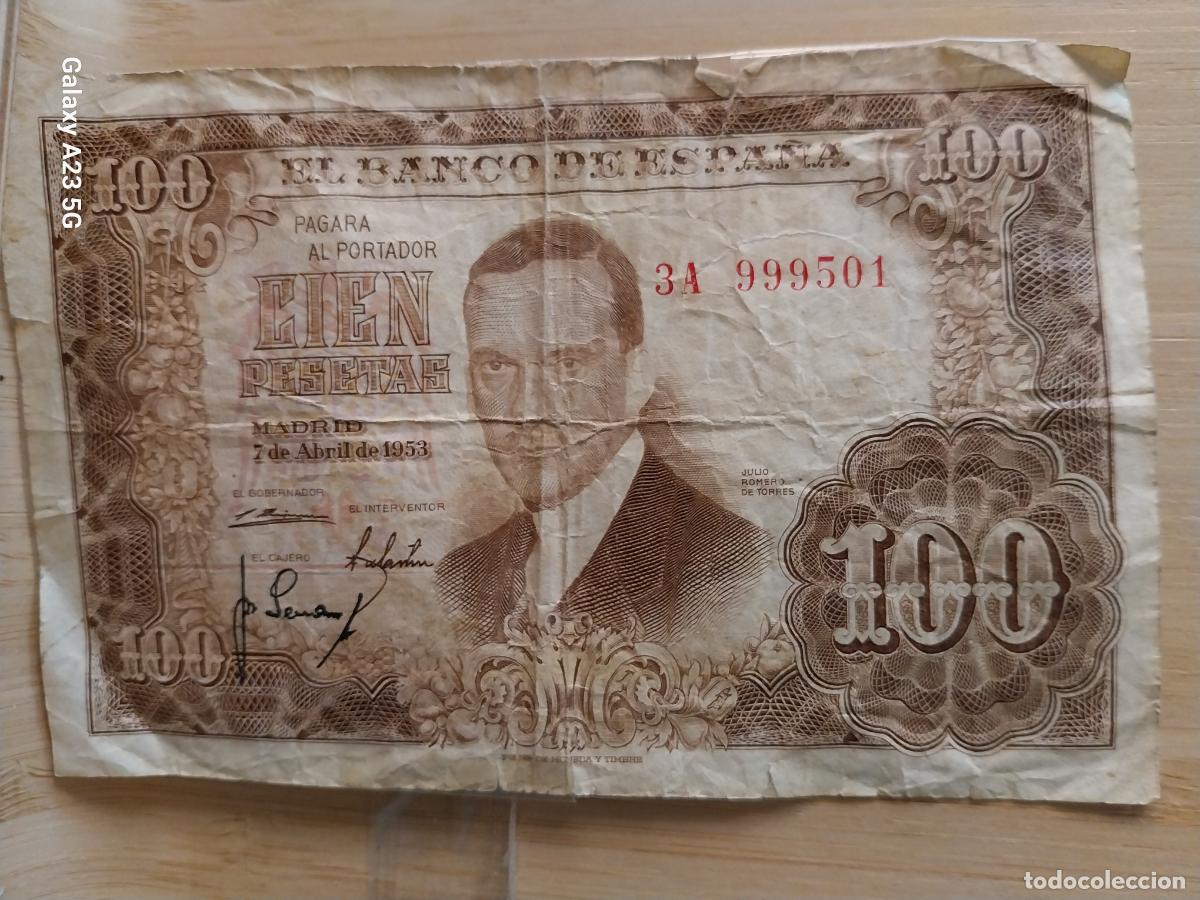 Billetes espa&ntilde;oles: BILLETE 100 PTAS PESETAS 1953 ESTADO ESPA&Ntilde;OL SERIE 3A 999501 MUY SOBADO CON CELOFAN