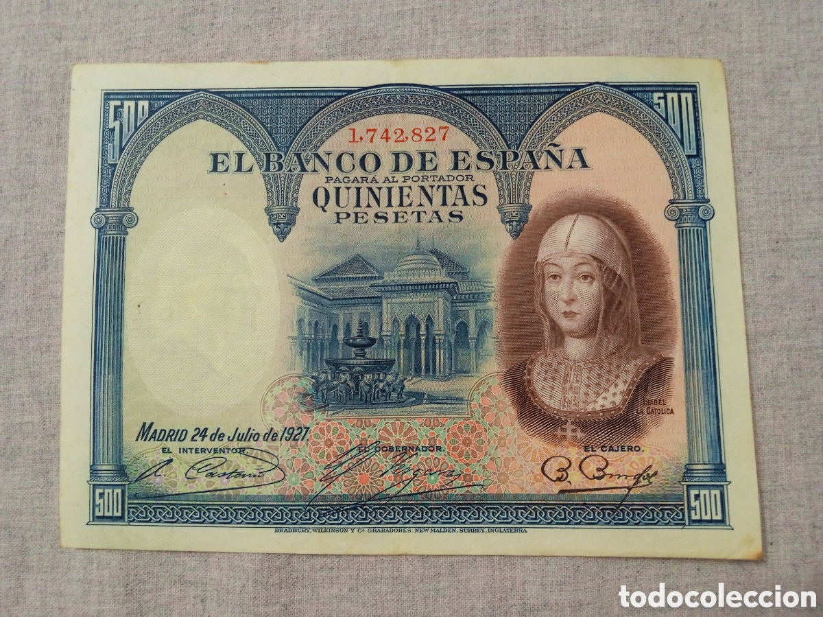 Billetes espa&ntilde;oles: BARATAS 500 PESETAS A&Ntilde;O 1927 ISABEL LA CAT&Oacute;LICA. N&ordm;1742827 CIRCULADO