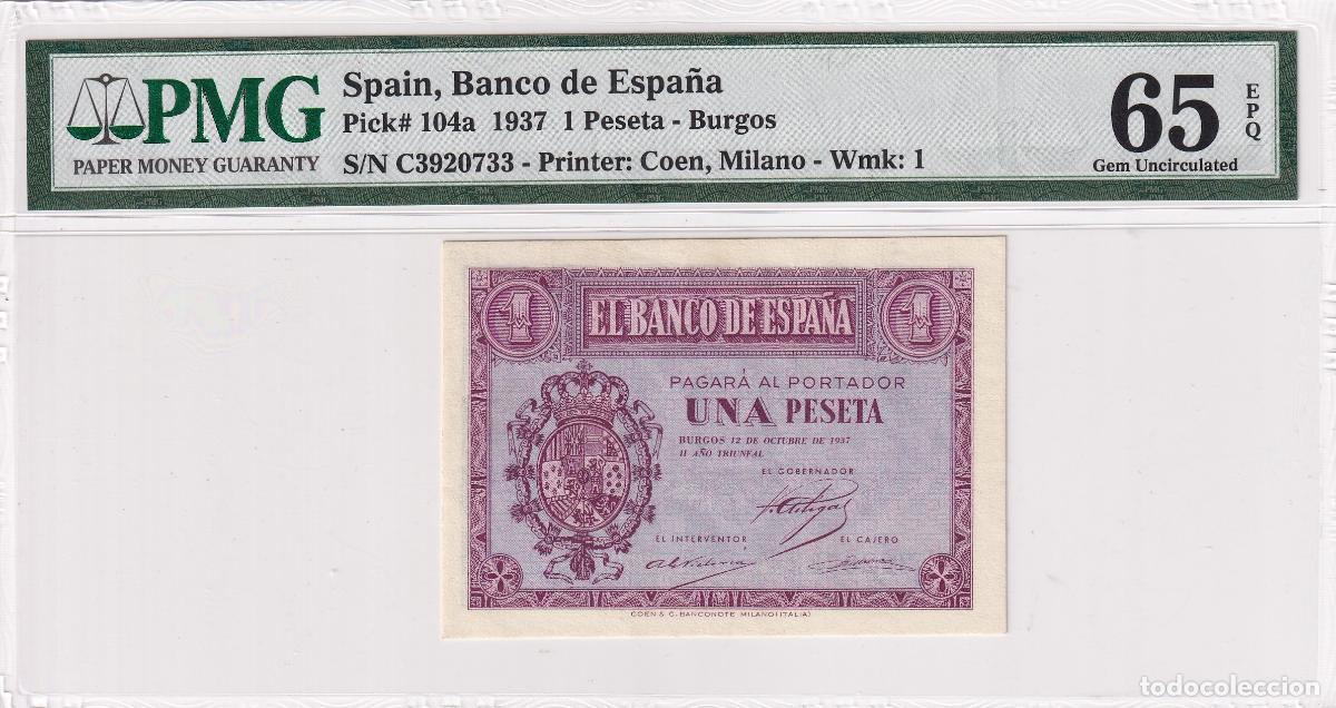 Billetes espa&ntilde;oles: CRPMG055 BILLETE ENCAPSULADO ESPA&Ntilde;A 1 PESETA 1937 SERIE C ENCAPSULADO PMG 65