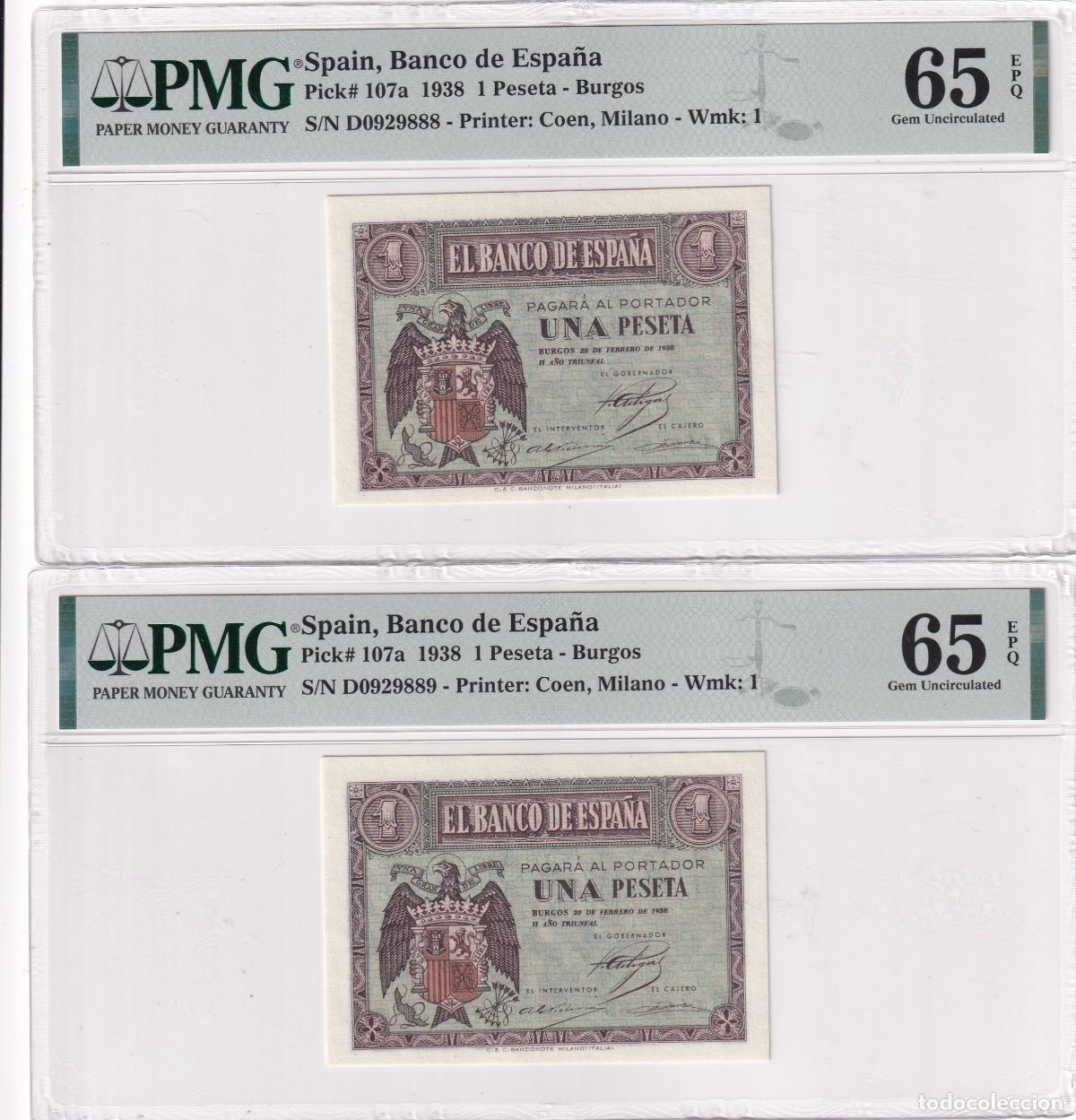 Billetes espa&ntilde;oles: CRPMG056 PAREJA CORRELATIVA BILLETES ESPA&Ntilde;A 1 PESETA 1938 SERIE D ENCAPSULADO PMG 65