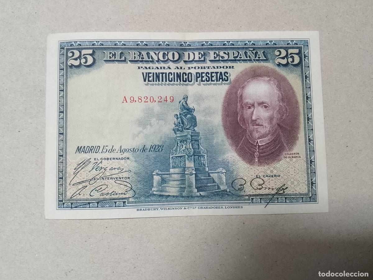 Billetes espa&ntilde;oles: 25 pesetas 1928 serie A, n&uacute;mero altisimo 9,820,249, estado de buena conservaci&oacute;n