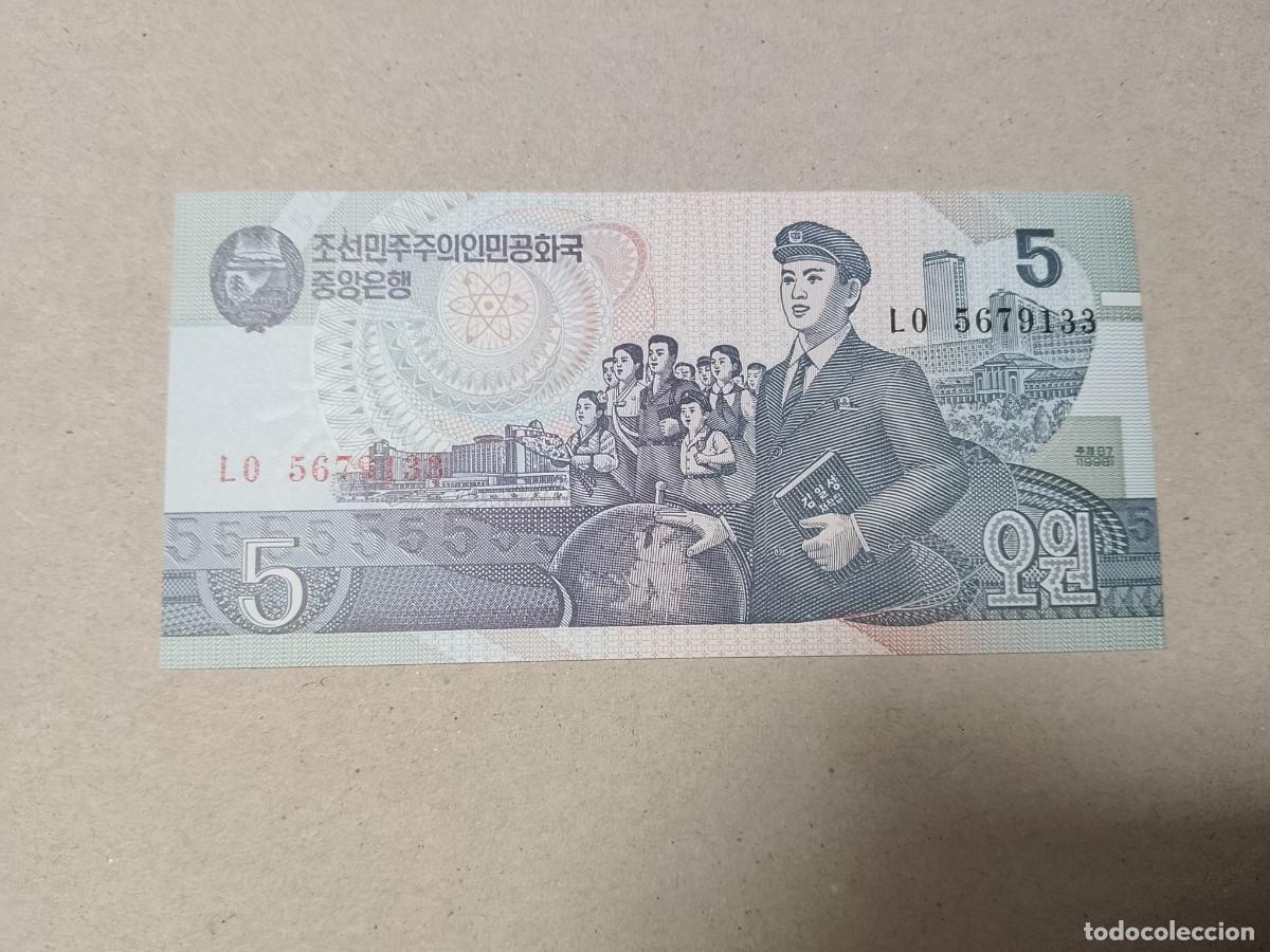 Billetes espa&ntilde;oles: Billete Corea del norte, 5 won, a&ntilde;o 1998, UNC