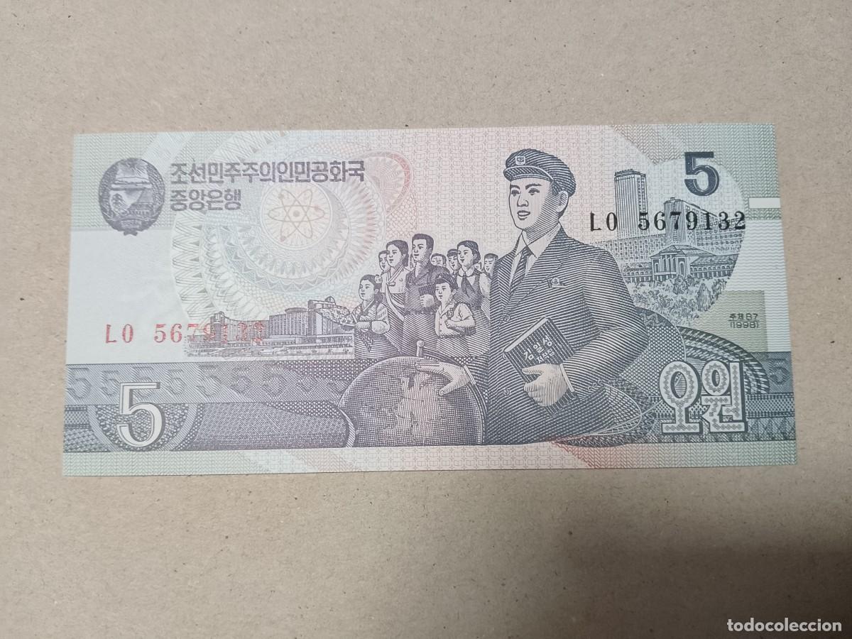 Billetes espa&ntilde;oles: Billete Corea del norte, 5 won, a&ntilde;o 1998, UNC