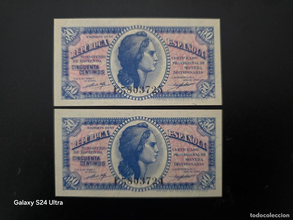 Billetes espa&ntilde;oles: PAREJA CORRELATIVA DE 50 C&Eacute;NTIMOS DE 1937.....MUY RARA SERIE C....SIN CIRCULAR...ES EL DE LAS FOTOS