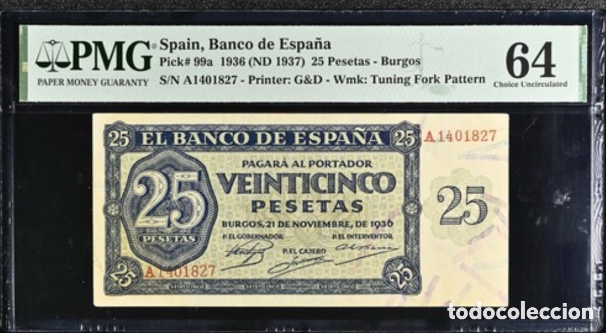 Billetes espa&ntilde;oles: Billete 25 Pesetas 1936 PMG 64 Serie A